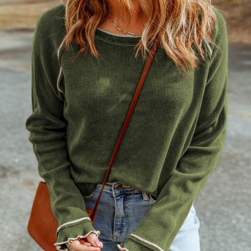 LAST 2 SALE Regular Plus Size Jungle Green Round Neck Long Sleeved Textured Top